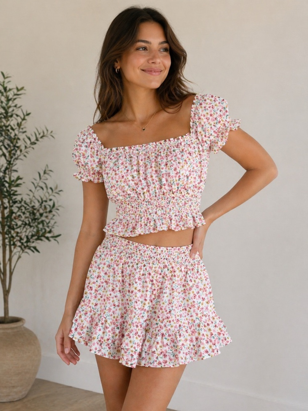 Lush Crop Top Short Set Floral 2 Piece MSRP $73